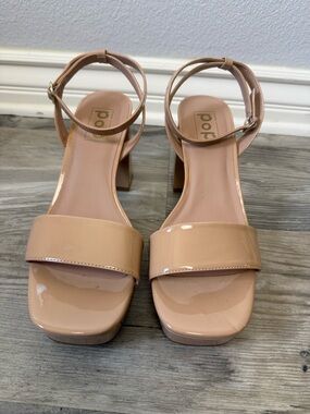 POP Nude Patent Block Heel Sandals with Ankle Strap